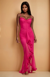 GG4055 Shirred Mesh Ruffle Maxi Dress
