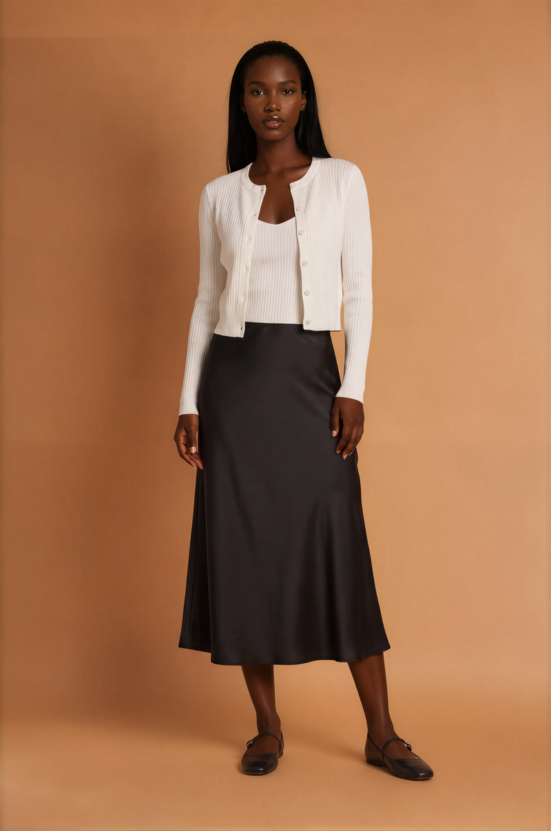 H2027 Black Satin Midi Skirt