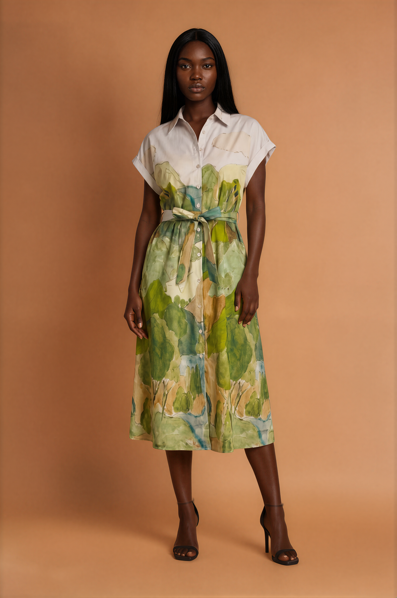 H1019 Green Hill Print Midi Dress