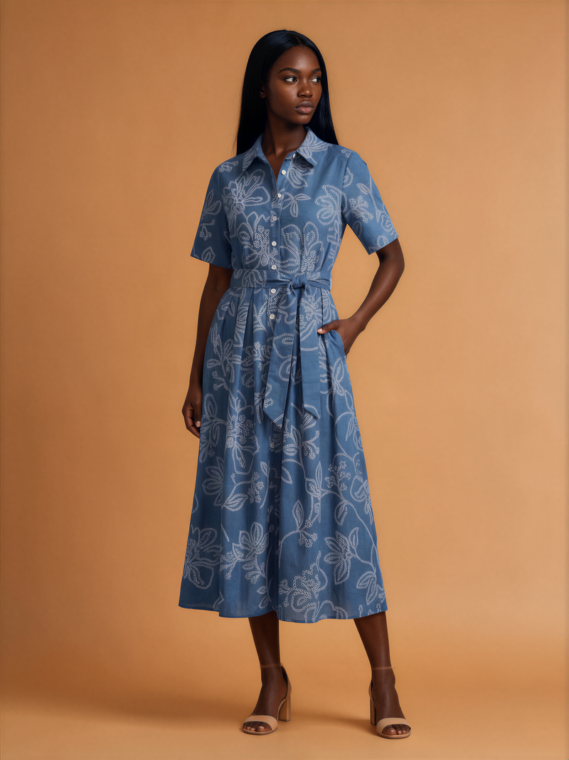 H1047 Blue Embroidered Midi Dress