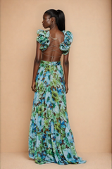 GG5103 Green Lace-up Back Floral Maxi Dress
