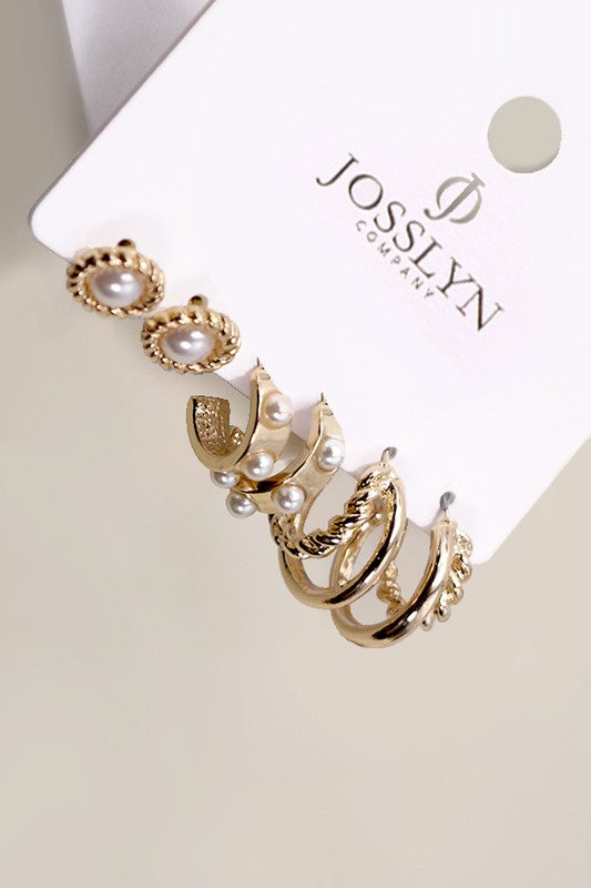 H3176 Gold Pearl Hoop Stud Trio Earrings
