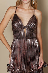 DD4080 Bronze Pleated Ruffle Layered Maxi