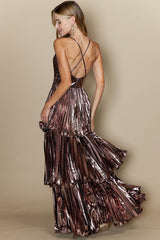 DD4080 Bronze Pleated Ruffle Layered Maxi