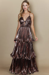 DD4080 Bronze Pleated Ruffle Layered Maxi