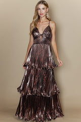 DD4080 Bronze Pleated Ruffle Layered Maxi
