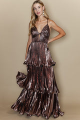 DD4080 Bronze Pleated Ruffle Layered Maxi