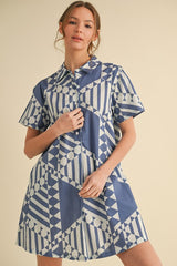 DD7000 Geometric Button-up Dress with Pockets