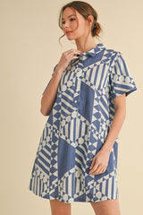 DD7000 Geometric Button-up Dress with Pockets