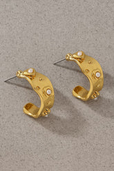 GG4150 Textured Gold Hoop Earrings With Pearl Accents