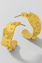 GG4150 Textured Gold Hoop Earrings With Pearl Accents