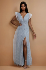 GG4049 Powder Blue V Neck Velvet Maxi