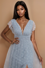 GG4049 Powder Blue V Neck Velvet Maxi