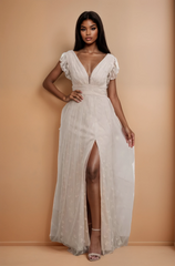 GG4048 White V Neck Velvet Maxi