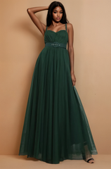 GG5108 Hunter Green Shoulder Strap Belted Mesh Maxi Dress