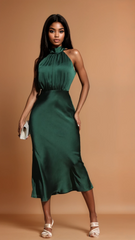 GG4041 Mock Neck Satin Midi Dress