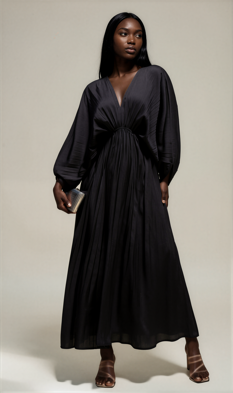 H3117 Black Pleated V Neck Satin Midi Dress
