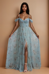 GG4050 Slate Blue Off The Shoulder Floral Print Maxi