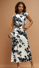 GG4126 B&W Floral Printed Satin Midi Dress