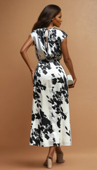 GG4126 B&W Floral Printed Satin Midi Dress