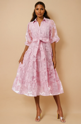 GG4018 Pink Embroidery Mesh Midi Dress