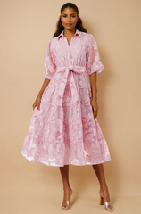 GG4018 Pink Embroidery Mesh Midi Dress