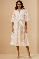 GG4018 Cream Embroidery Mesh Midi Dress