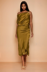 GG4131 One-shoulder Satin Drape Midi Dress