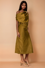 GG4131 One-shoulder Satin Drape Midi Dress