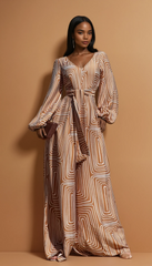 GG4122 Cream Printed Multi Way Tie Woven Jumpsuit