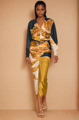 GG4134 Front Ruched V-neck Midi Dress