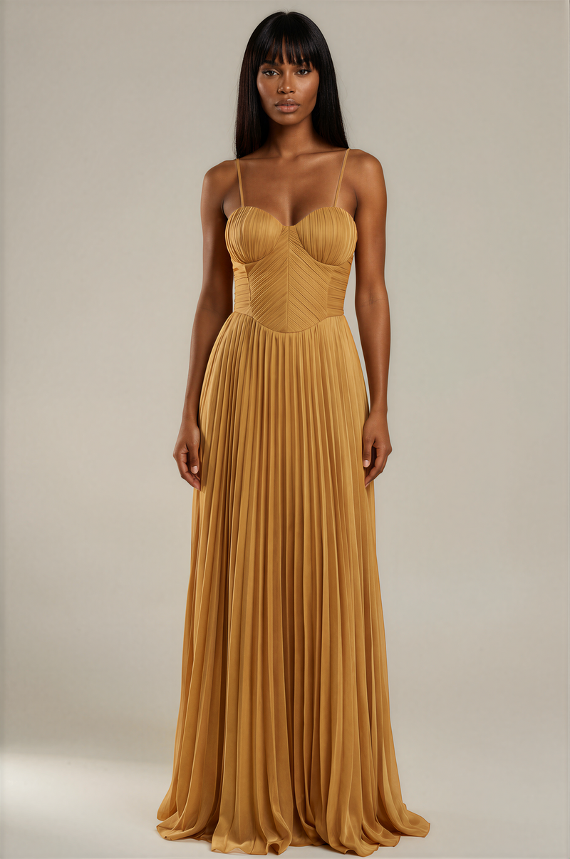 H3156 Golden Pleated Maxi Dress