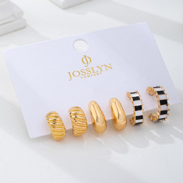 H3185 Checker Textured Huggie Hoop Trio Earrings