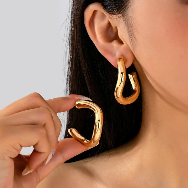 H3182 Bold Chunky Gold-tone U-shape Hoop Earrings