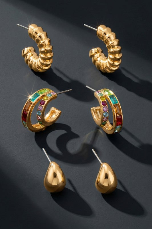 H3200 Trio Earrings Gemstone Teardrop Hoops