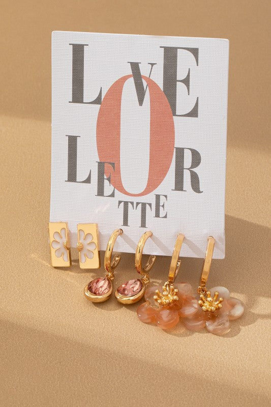 H3202 Acetate Flower Drop Trio Earrings Set