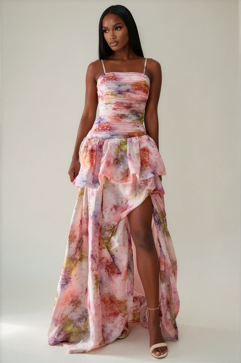 H3152 Floral Print Maxi Dress With Slit