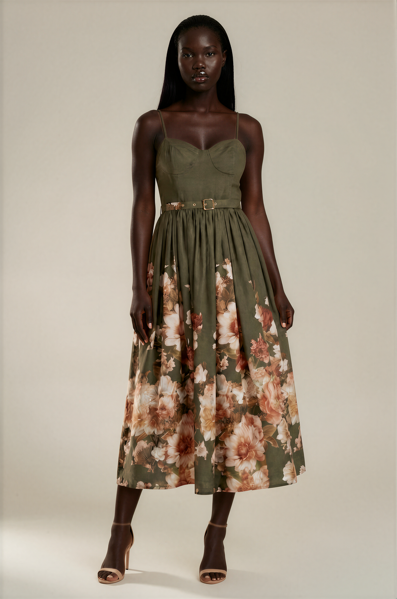 H3108 Olive Floral Midi Dress