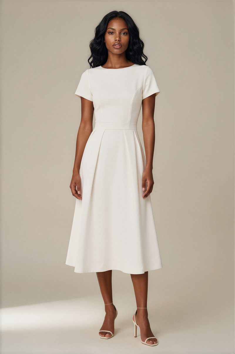 H3160 White Dana Fit & Flare Midi Dress