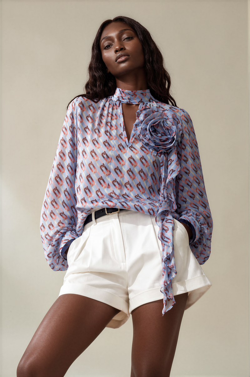 H3095 Blue Chiffon Printed Blouse