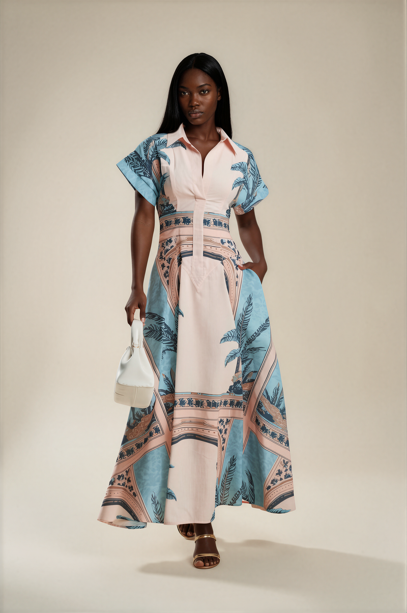 H3129 Blue Botanical Print Maxi Dress