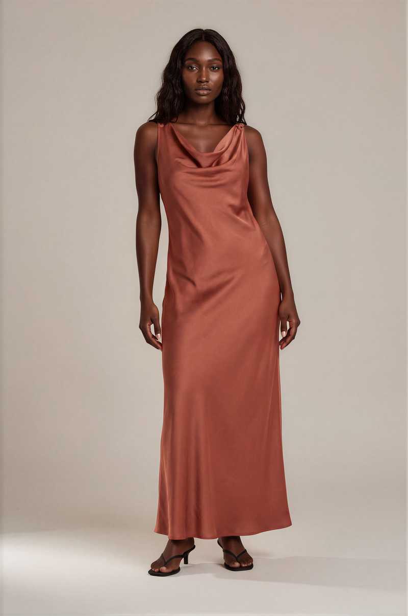 H3012 Rust Maxi Silky Dress