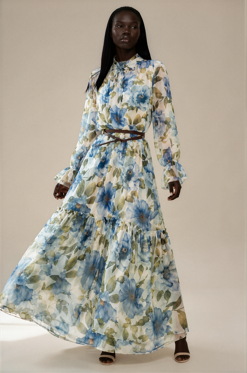 H3010 Blue Floral Chiffon Maxi
