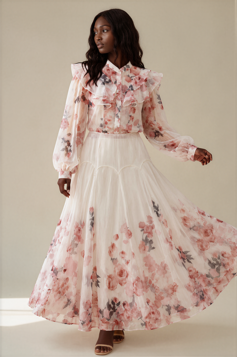 H3007 White Floral Frill Top