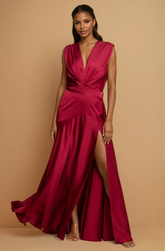 GG4054 Wine Satin Pleated Gown