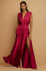 GG4054 Wine Satin Pleated Gown