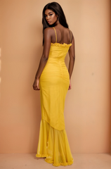 GG4104 Mustard Shirred Mesh Ruffle Maxi Dress