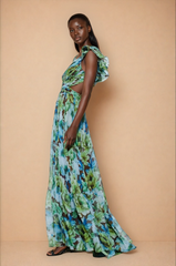 GG5103 Green Lace-up Back Floral Maxi Dress