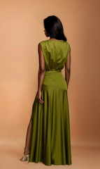GG4053 Olive Satin Pleated Gown