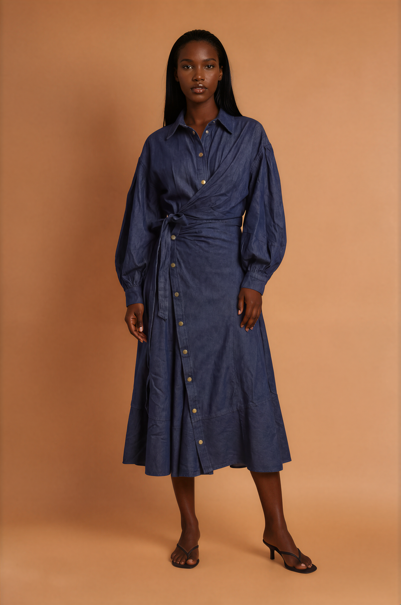 H2029 Jean Long Sleeve Wrap Maxi